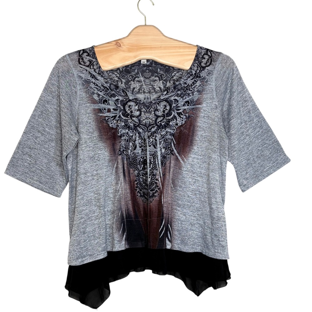 World Unity Woman Knit Top 3X Gray Boho Rhinestone Layers Chiffon Hem Split Neck